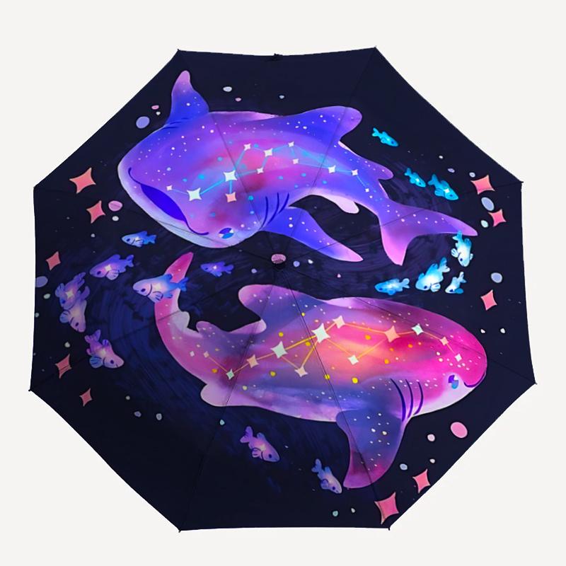 1pc Two Whale Sharks Cartoon Umbrella, Portable 3-Fold Compact Umbrella, Suitable for Camping, Hiking and Travel, Ideal Easter Birthday Gift for