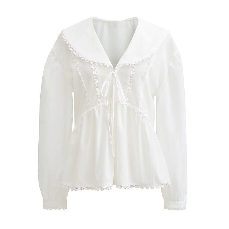 

Reform French Style Design Salt Sweet Series Age-Reducing Lapel Lace Band White Long Sleeves Shirt Easiest for Match Tops White L