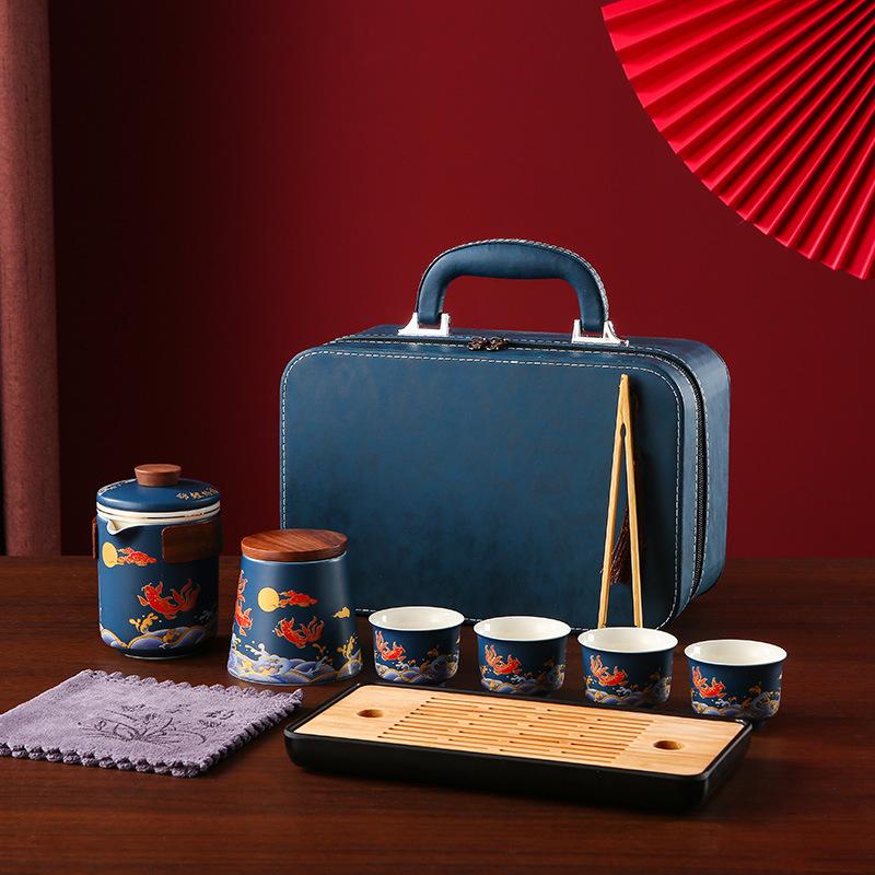

Guochao Travel Tea Set Kung Fu Kuaike Teapot Four Cups with Tea Can Portable Accompanying Set Business Gifts
