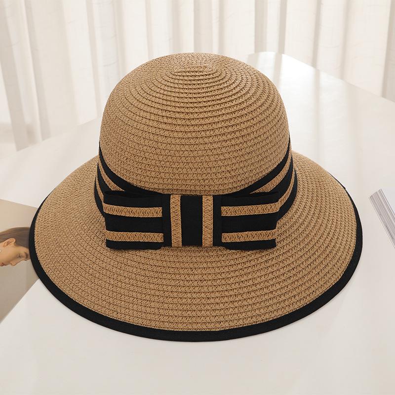 New Women's Summer UV Protection Sweet Ribbon Seaside Vacation Sunshade Bucket Hat Bow Large Brim Straw Hat
