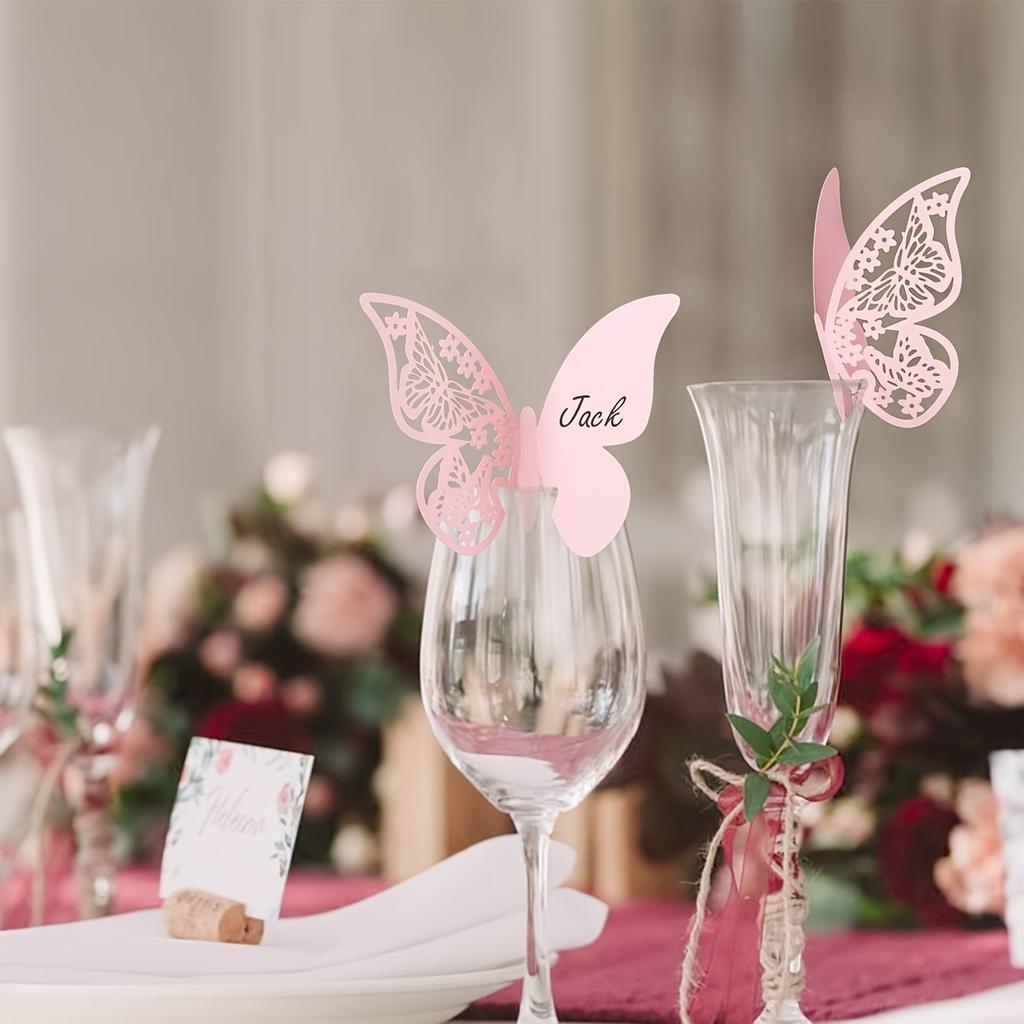 1Set 25Pcs 3D Butterfly Wine Glass & Wall Decor Stickers - Laser - Cut Skeleton Paper Cup Cards for Weddings, Pink & White