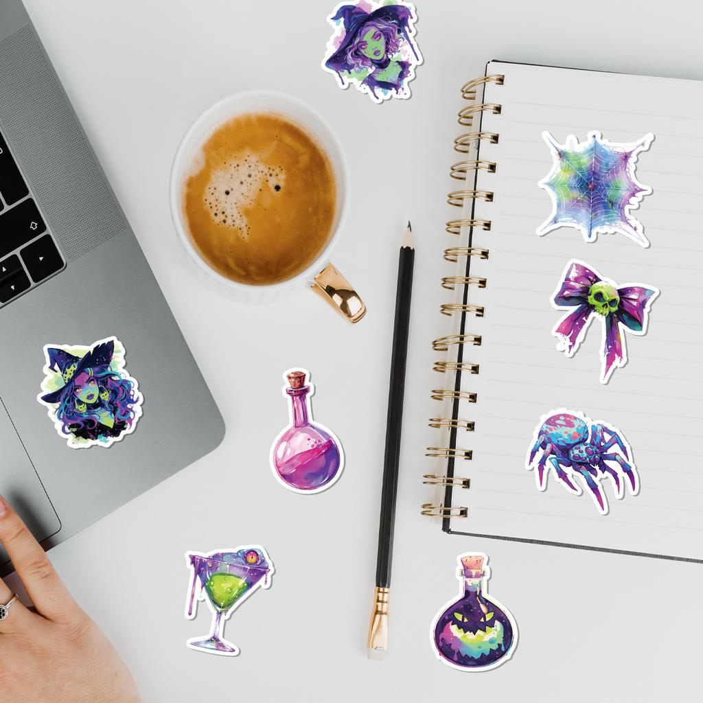 50 Neon Halloween Graffiti Stickers for Water Cups, Luggage, Waterproof Decorative Stickers, Creative Stationery Stickers