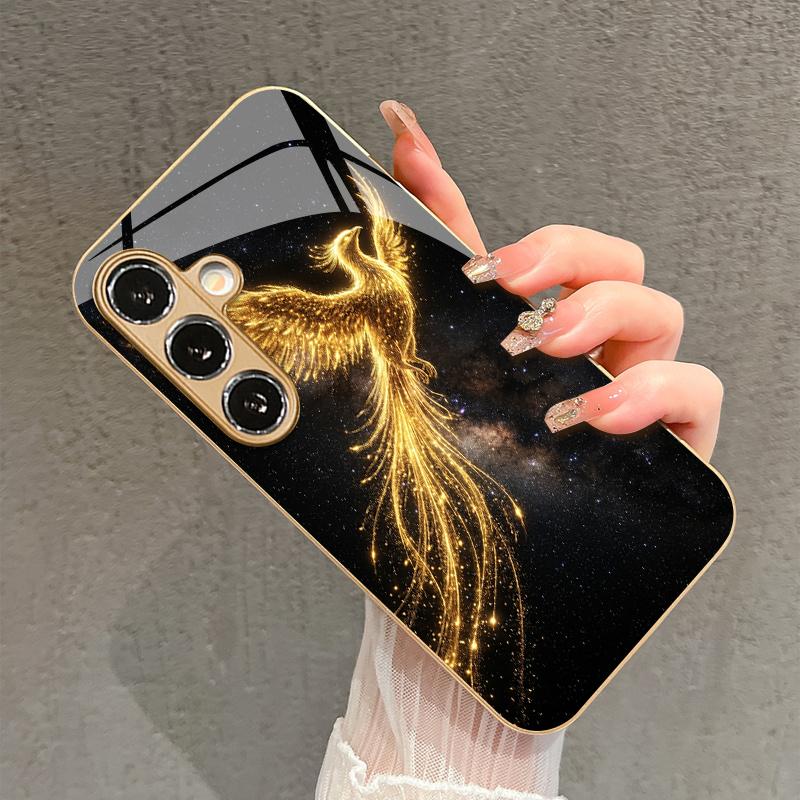 2D Phoenix Pattern Flowing Light Phone Case for Samsung Galaxy S26 S25 S24 S23 S22 S21 S20 A56 A55 Golden Glass Protective Cover