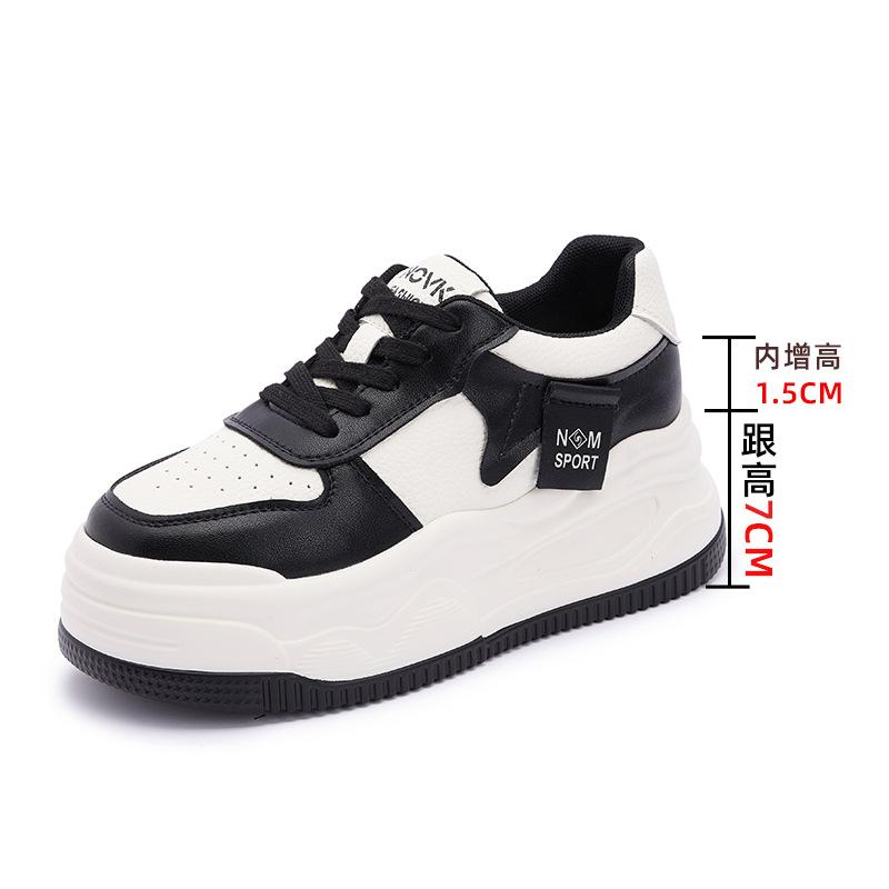 Fashion Sports Women's Shoes 2025 Autumn Height Increase Thick-soled Shallow Mouth Leather and Mesh White Shoes