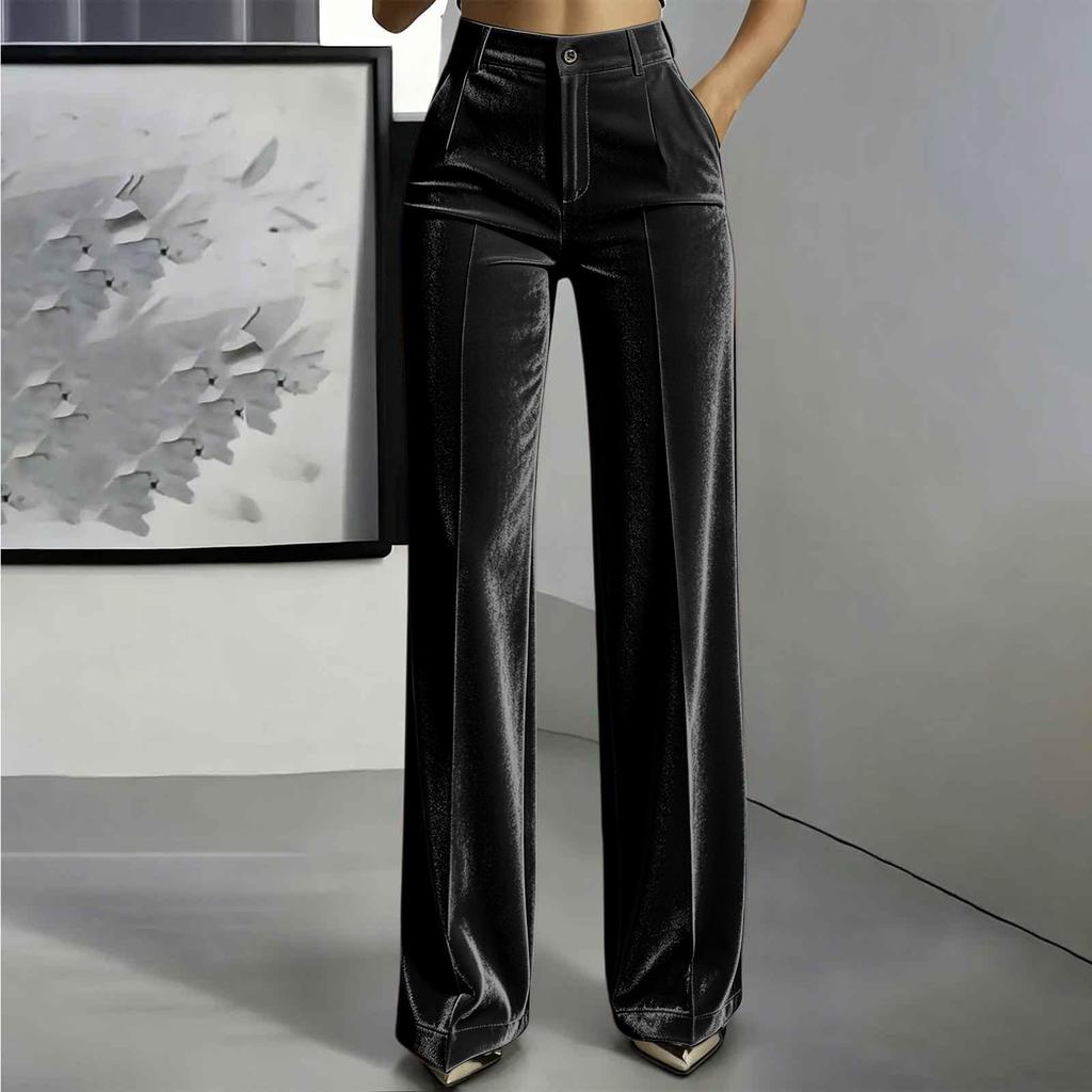 Women's Velvet Straight Leg Casual Pants with Button Closure