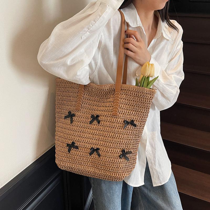 Yogodlns Summer Beach Large Capacity Tote Bag Women Shoulder Bag Handmade Woven Top-Handle Bags Raffia Boho Women Bag