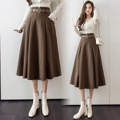 Spring Women's Casual Solid Color Mid-length Woolen Skirt