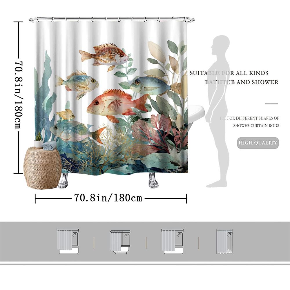1Pc Shower Curtain — Watercolor Fish & Coral, Waterproof Machine Washable Polyester For Shower/Bathtub Bathroom Decor