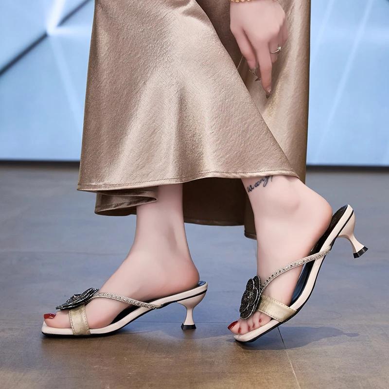 Fashion Fashion 2025 Open Toe Women's Slippers Summer Outdoor Dress Crystal Floral Elegant Light Best Seller Non-Slip High Heels Zapatos