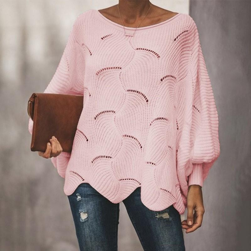 Women's Solid Color Casual Hollow Chain Link Loose Knitted  Sweater Sweater