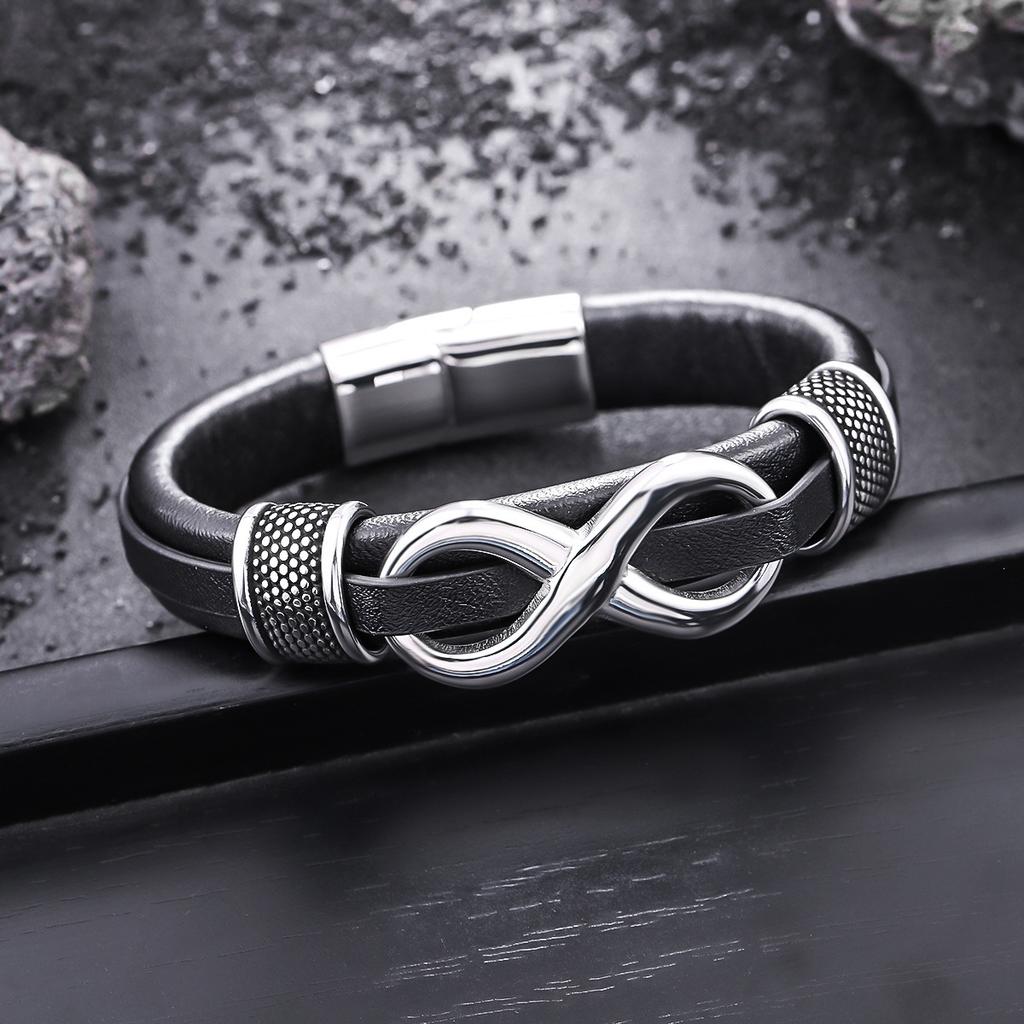 8-character leather braided bracelet with unique retro style stainless steel clasp jewelry for both men and women