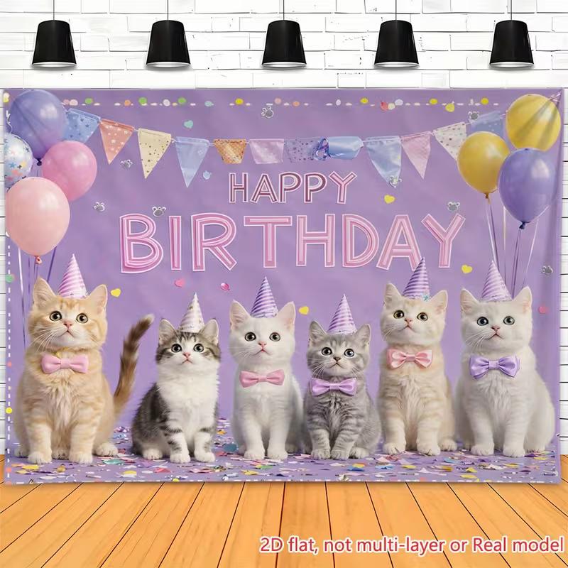 

2D Happy Birthday Kittens Backdrop Cloth, Purple Party Background for Vlog & Live Stream 47.2x31.5inch/120*80cm