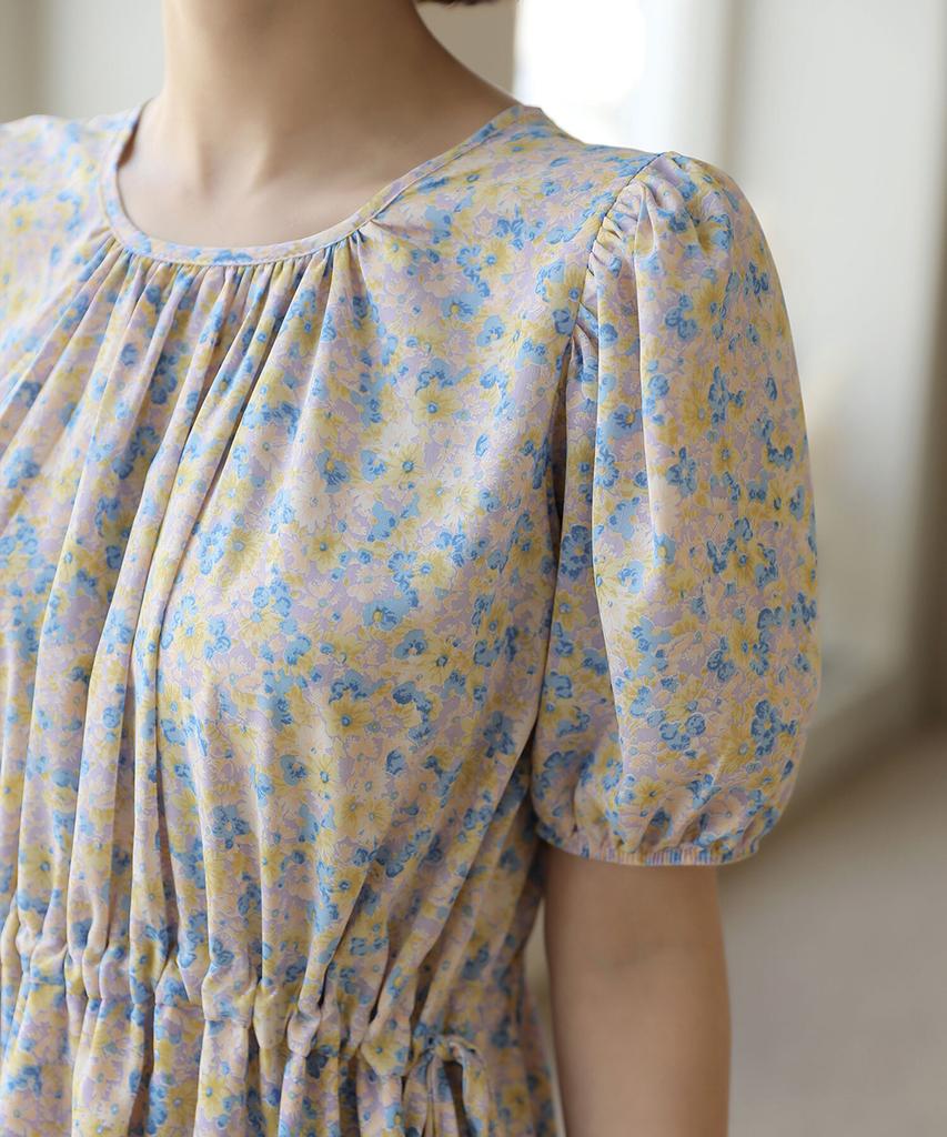 Ppaeppae Flower Shirred Strap Puff Short Sleeve Long Dress