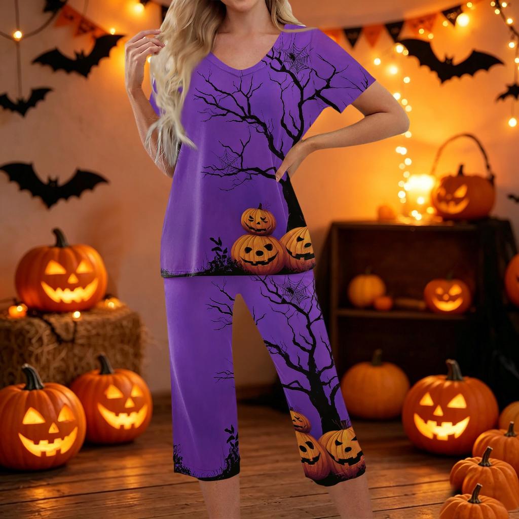 Women Two Piece Set Halloween Print Short Sleeve Top with V Neck and Capri Pants Casual Lounge Wear Outfit for Daily Use