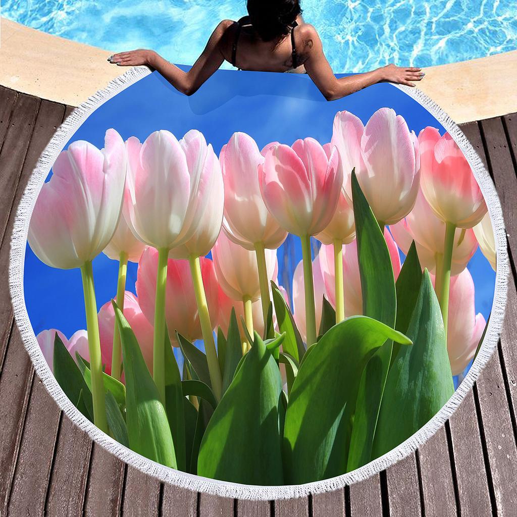 Round Beach Towel Flower Tulip Microfiber Beach Towels Quick Dry Super Absorbent Pool Towels Sand Free Beach Blanket for Pool