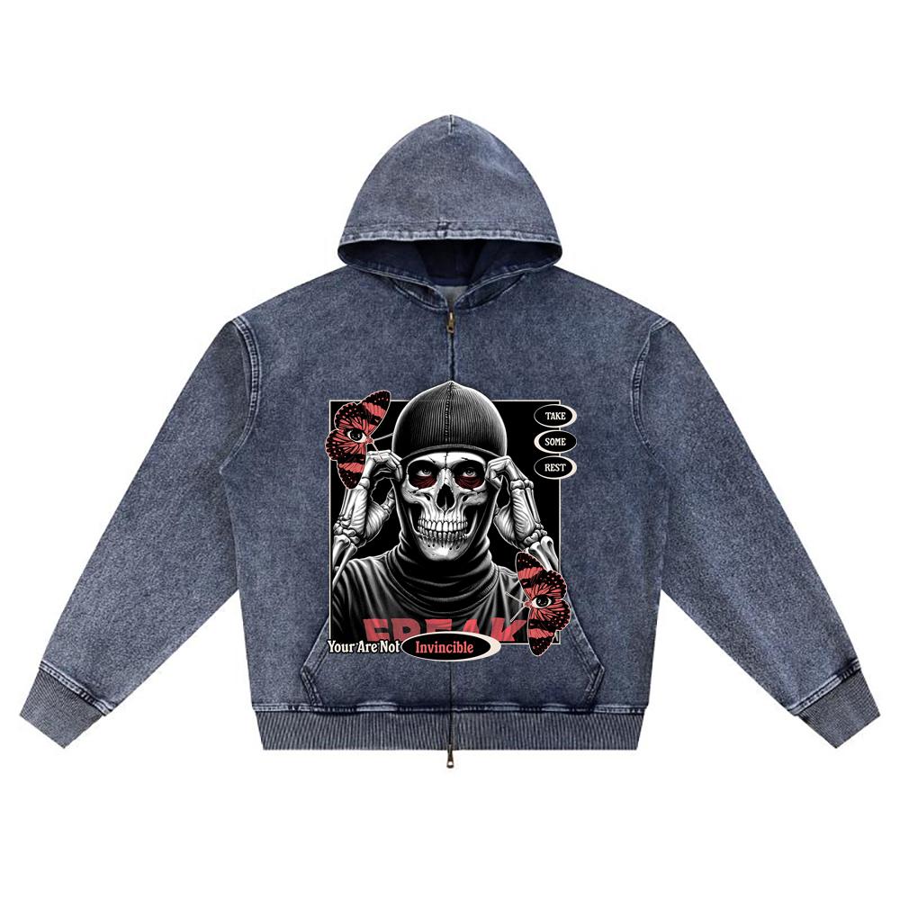 DTG Print Knitted Denim Zip-Up Hoodie Skull Graphic Brother Print Zipper Hoodies  