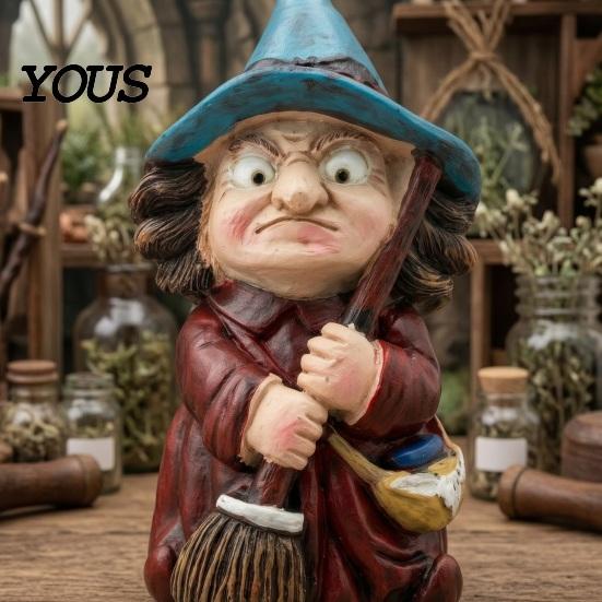 Halloween Party Decoration Witch on Broomstick Resin Figurine, Gnome Statue with Wizard Hat, For Shelf Vintage Spooky Decor for Desk Table,