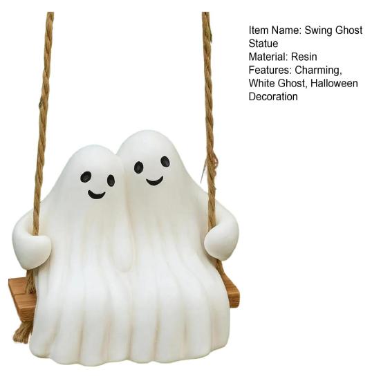 Halloween Couple Ghost Swing Statue Resin White Ghost Swinging Figurine Cute Ghost Sculpture for Garden Patio Yard Decor
