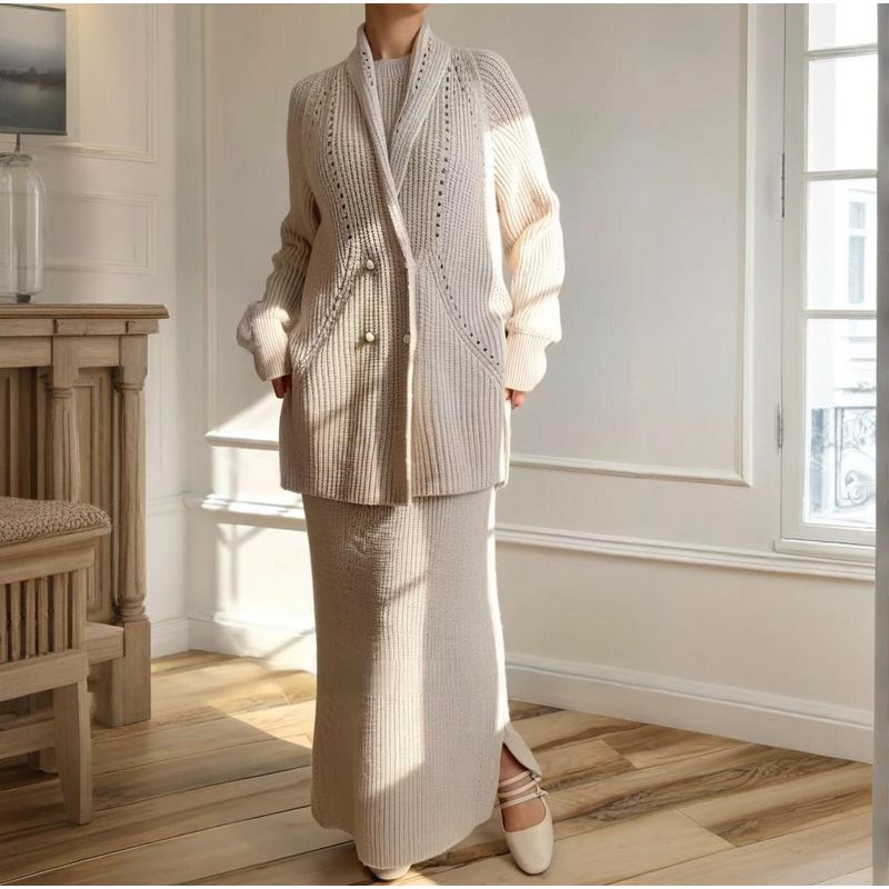 

In Stock 2025 New Russian Cross-Border Foreign Trade Women clothes Solid Fashion Temperament Slim fit Long dress Set two piece Light beige XXL