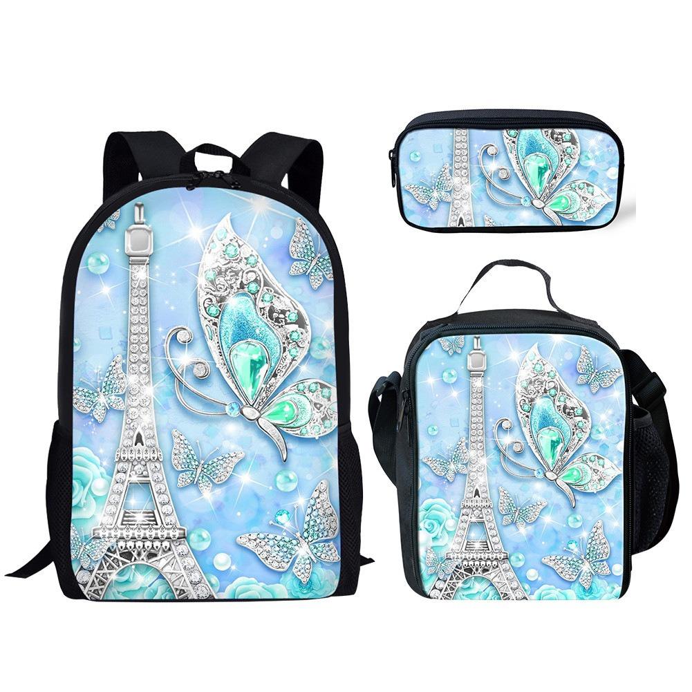 Trendig Beliebt Neuheit Lustig Schmetterling 3D-Druck 3 Stück/Set Schüler Schultaschen Laptop Tagesrucksack Rucksack Lunchtasche Federmäppchen