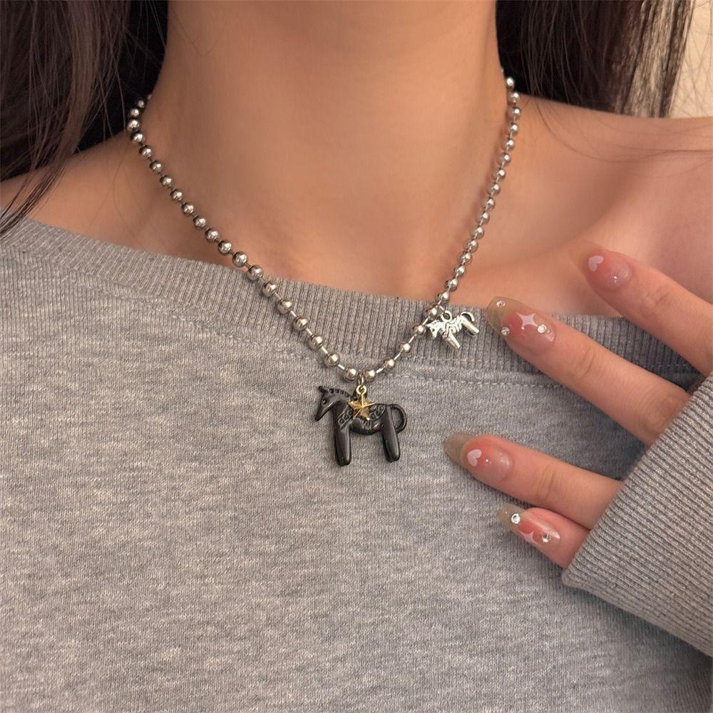 Alloy Horse Pendant Necklace Silver Plated Enamel Pendant Necklace Beads Neck Chain  for Women