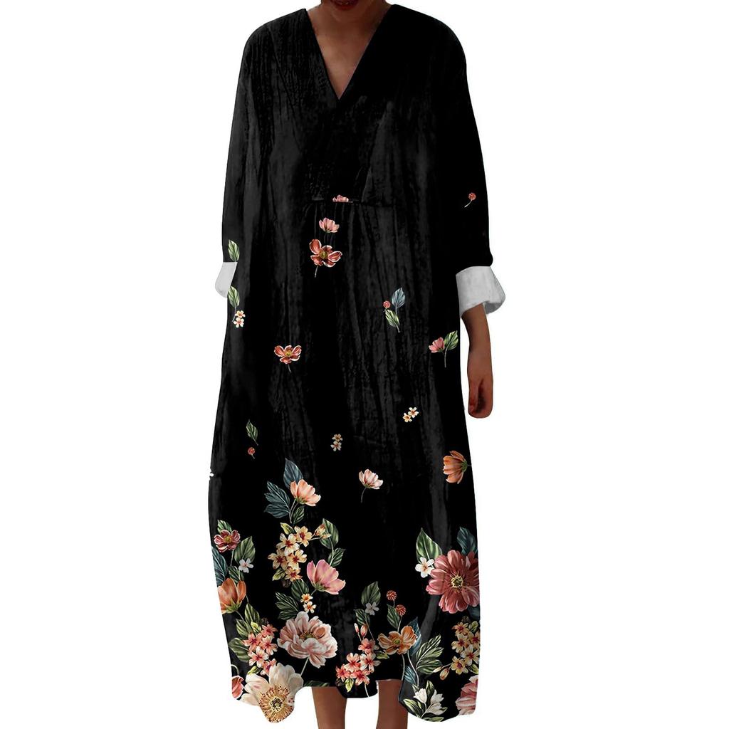 Women's Casual And Fashionable V-Veck Printed Long Sleeved Dress Long Sleeved Dress