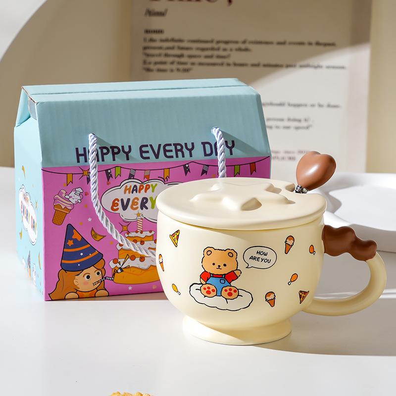 Cartoon Ceramic Cup With Cover, High-Value Household Couple Water Cup Gift Box, Small Gift Idea