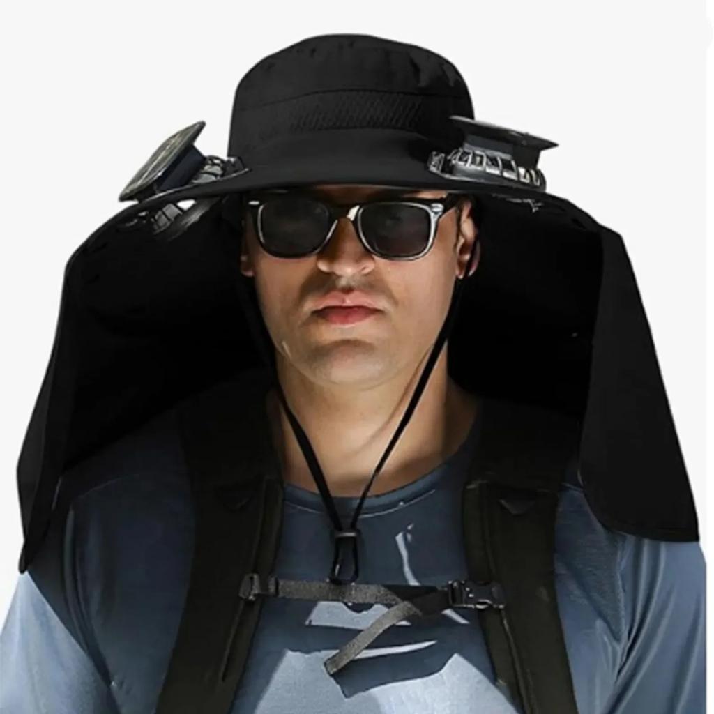 Wide Brim Solar Fan Outdoor Fishing Hat Adjustable Sun Protection Lightweight Breathable Fabric for Hiking Camping Travel