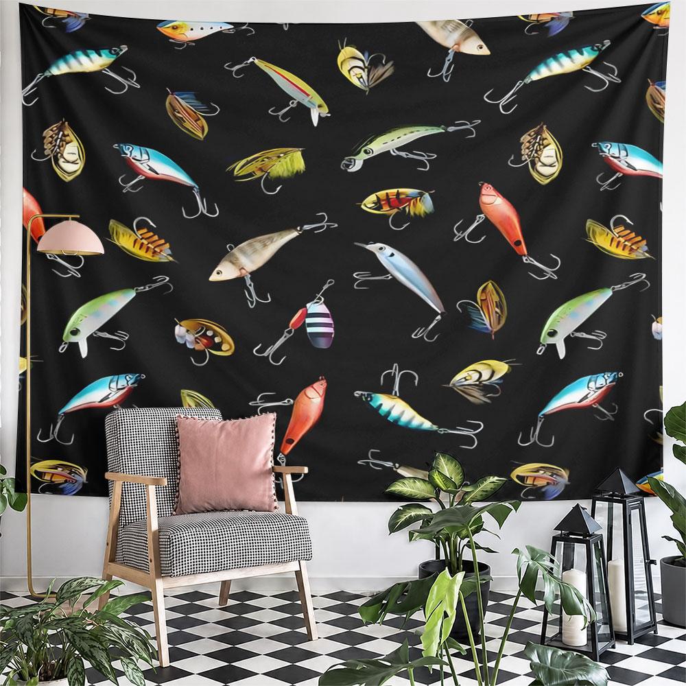 Fishing Lures Pattern on Black Background Pattern Wall Hanging Tapestry Decorative Tapestry Home Decor for Bedroom and Living Room