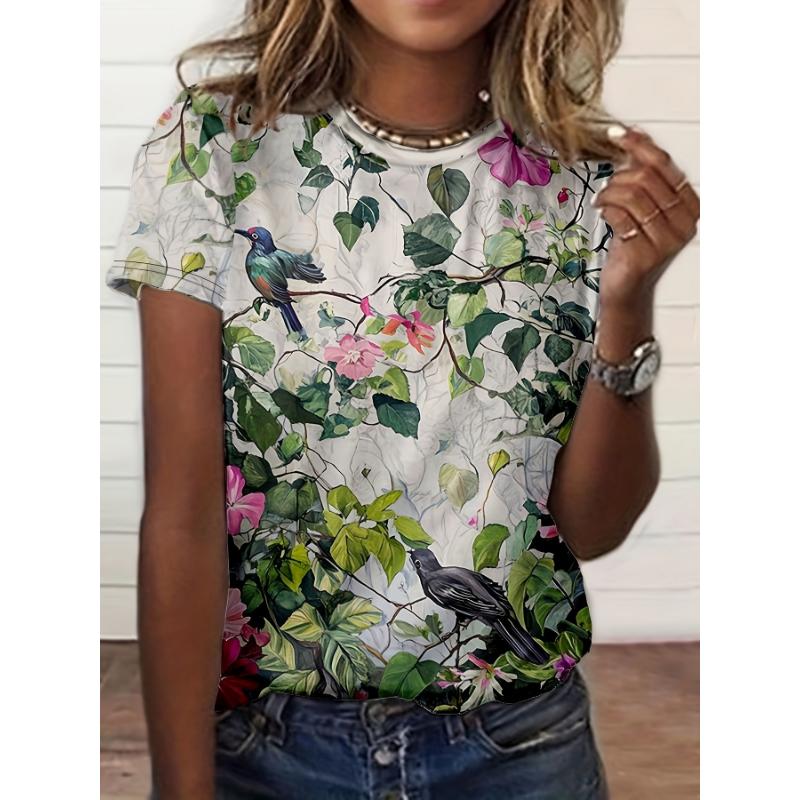 Fashion Women s Crew Neck Short Sleeve 3D Casual Color Printing Casual Short Sleeve Crew Neck T-Shirt XS