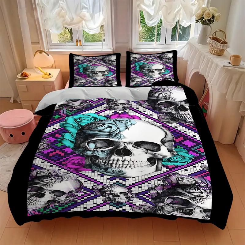 3pcs Skull Roses Duvet Cover Set -Includes 1 Duvet Cover and 2 Pillowcases, No Quilt Core, All-Season Home Decor Yy251111159
