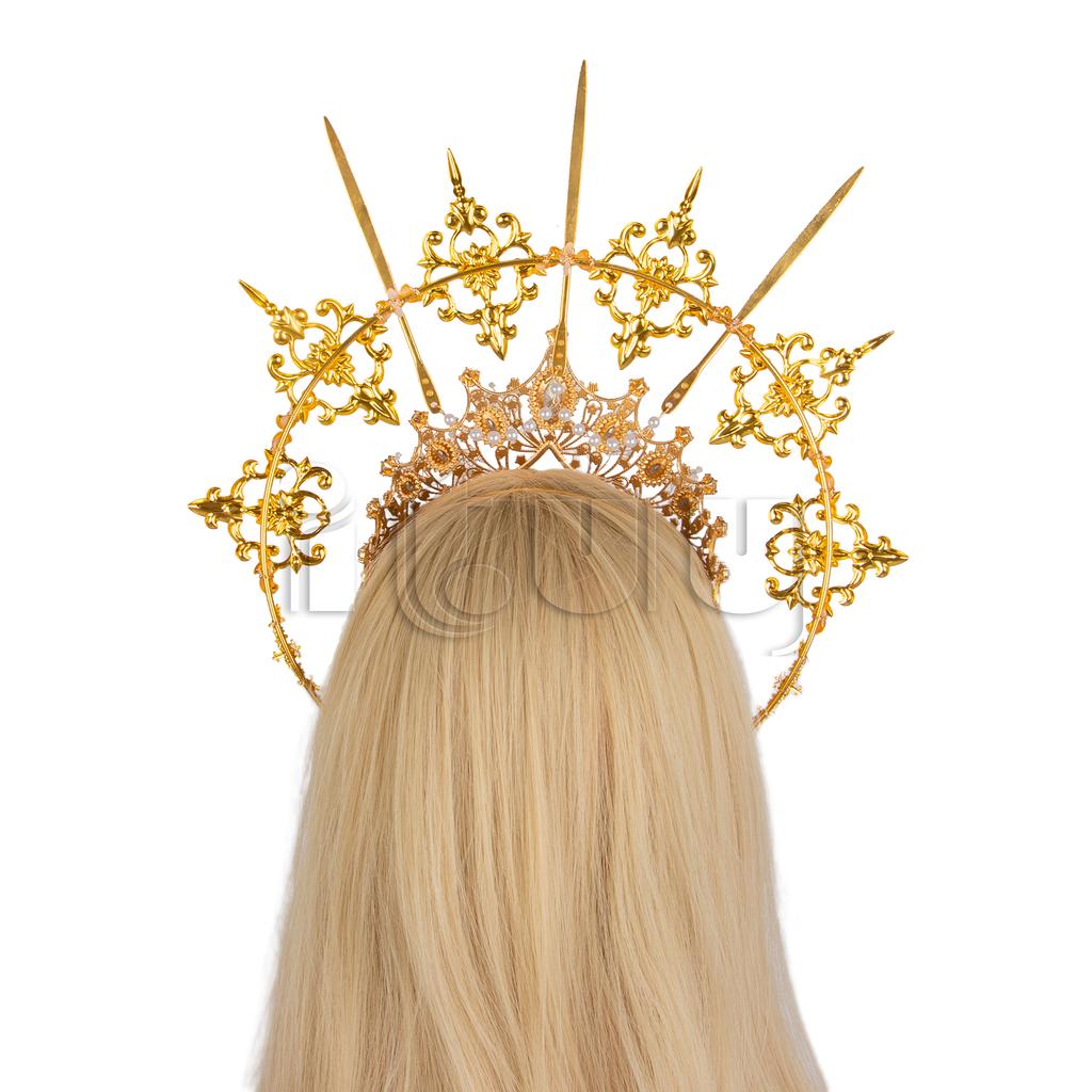 Lolita Vintage KC Headband Angel Gold Halo Goddess Headpiece Virgin Mary Halo Bride Crown Bead Chain Baroque Tiara Headwear