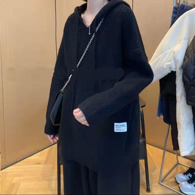 Women's Hooded Sweater Sweatshirt Mid To Long Style Pullover Sweater Knitted Top Autumn and Winter
