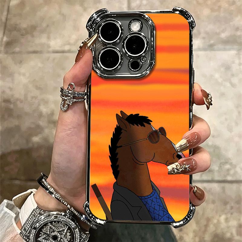 B-BoJack H-Horseman Funny Plating Phone Case For Iphone 16 17 Pro Max Air 16E 14 15 Plus 12 13 Mini Anti-Fall Airabag Cover