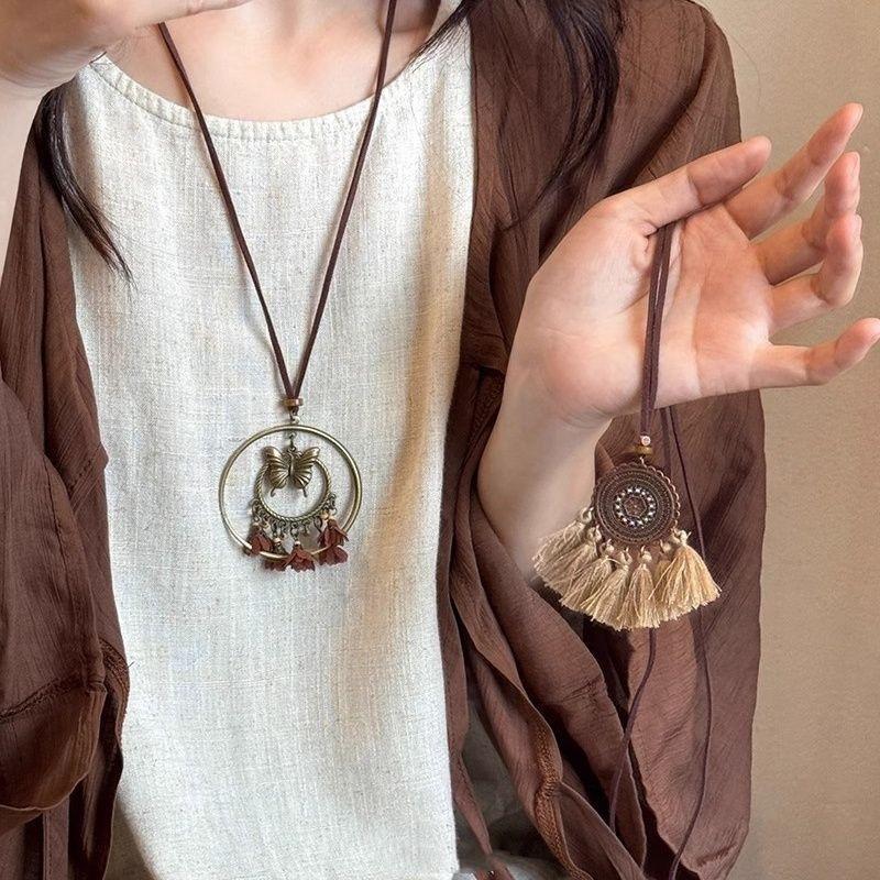 Bohemian Coffee Retro Fringed Necklace Female Exotic Ethnic Style Butterfly Pendant Sweater Chain Old Accessories