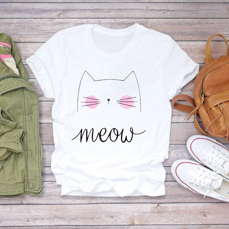 Women’S T-Shirts Kawaii Cat Cartoon Printing Aesthetic Tshirts Streetwear Clothing Summer Graphic T Shirts Aesthetic Tee Top