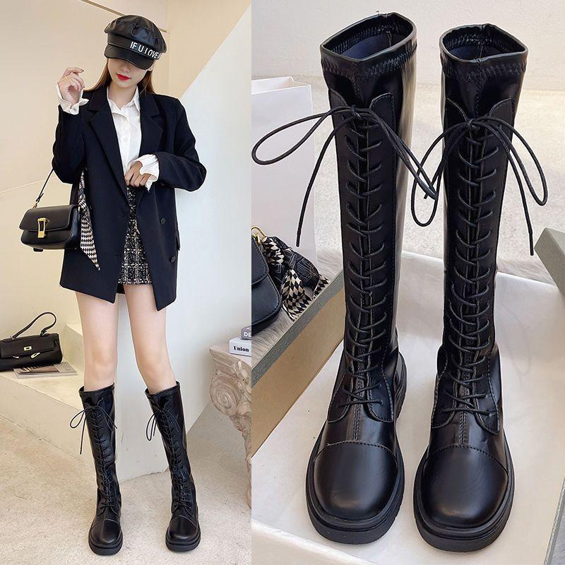 Knight boots long boots women's 21 autumn and winter new versatile elastic thin boots lace-up high boots flat bottom but knee boots