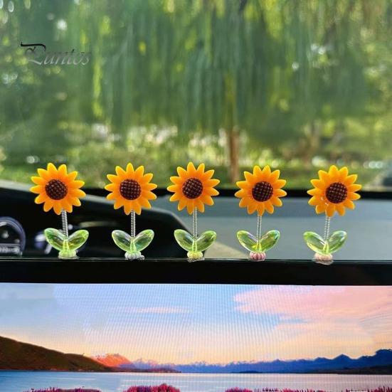 Non Residual Adhesive Ornaments 5Pcs Wobble Sunflower Car Dashboard Decor, Resin Spring Flower Ornament Interior Decoration Flowers with Slip