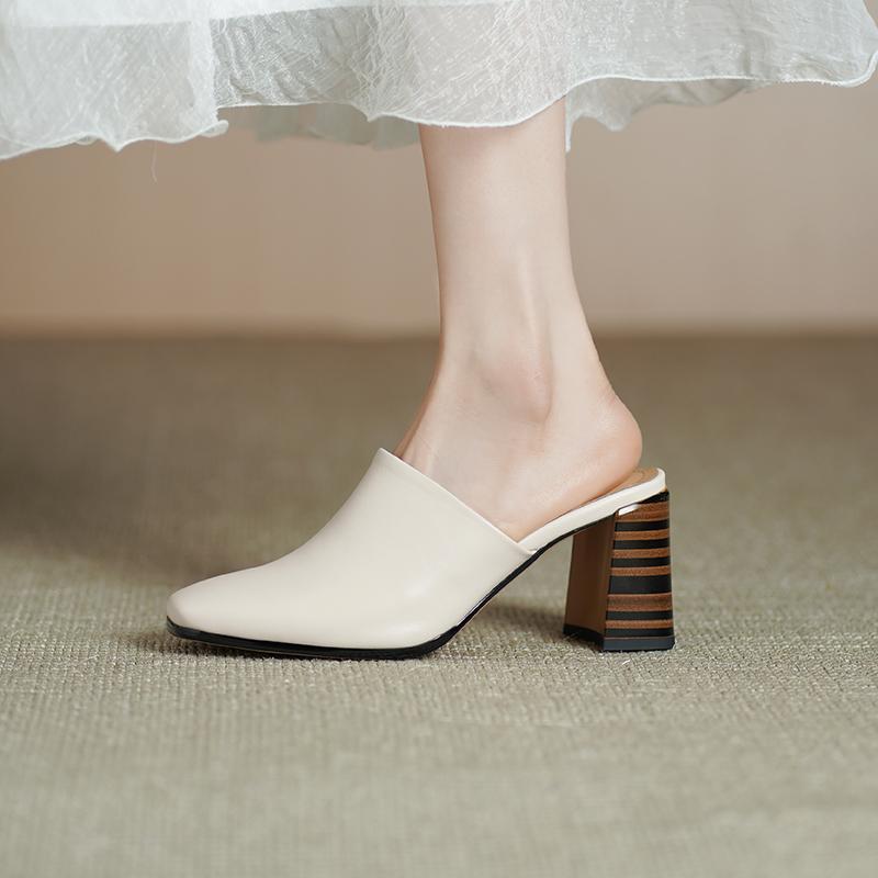 Fashion 2025 New Genuine Leather Fashion Shoes Women High Heels Square Toe Mules Slippers Ladies Office Dress Shoes Sandales Pumps