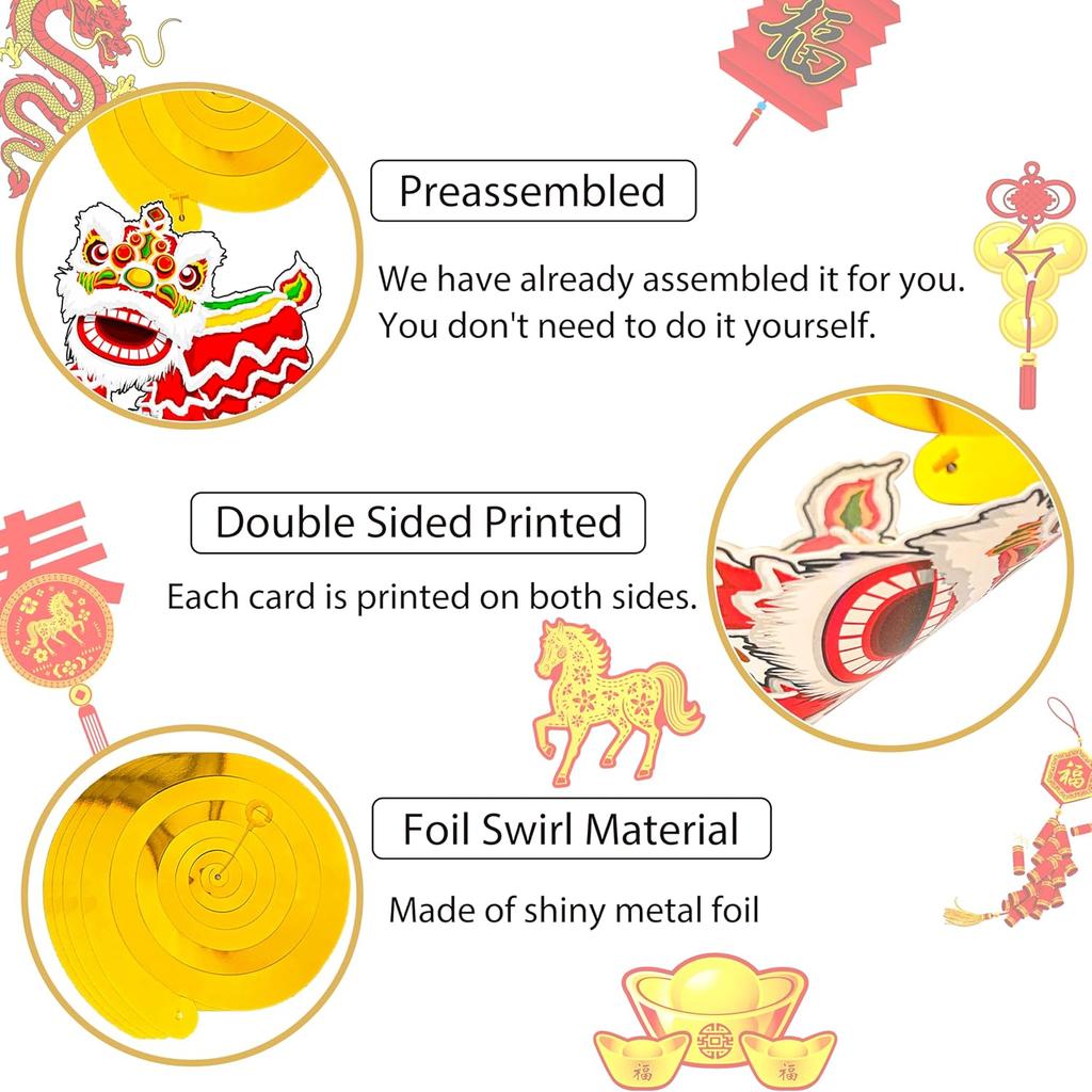 Happy Chinese New Year Hanging Swirls The Year of Horse Decorations 20PCS Lunar New Year Hanging Streamers Spring Festival Lion Dance Zodiac Horse