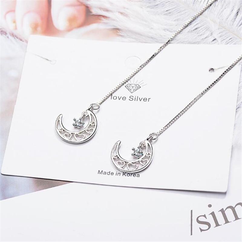 New Fashion Heart Shaped Moon And Star Crystal 925 Sterling Silver Jewelry Ear Line Hollow Exquisite Dangle Earrings Xze232