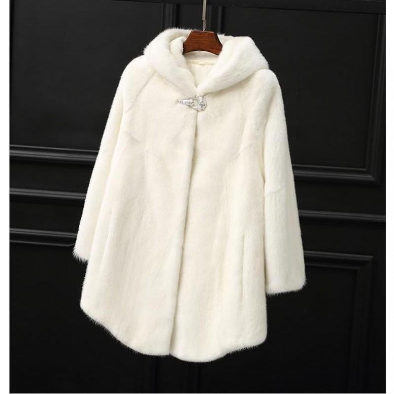 Womens Faux Fur Coat Mid-Length Hooded Oversized Winter Jacket In White Black Beige