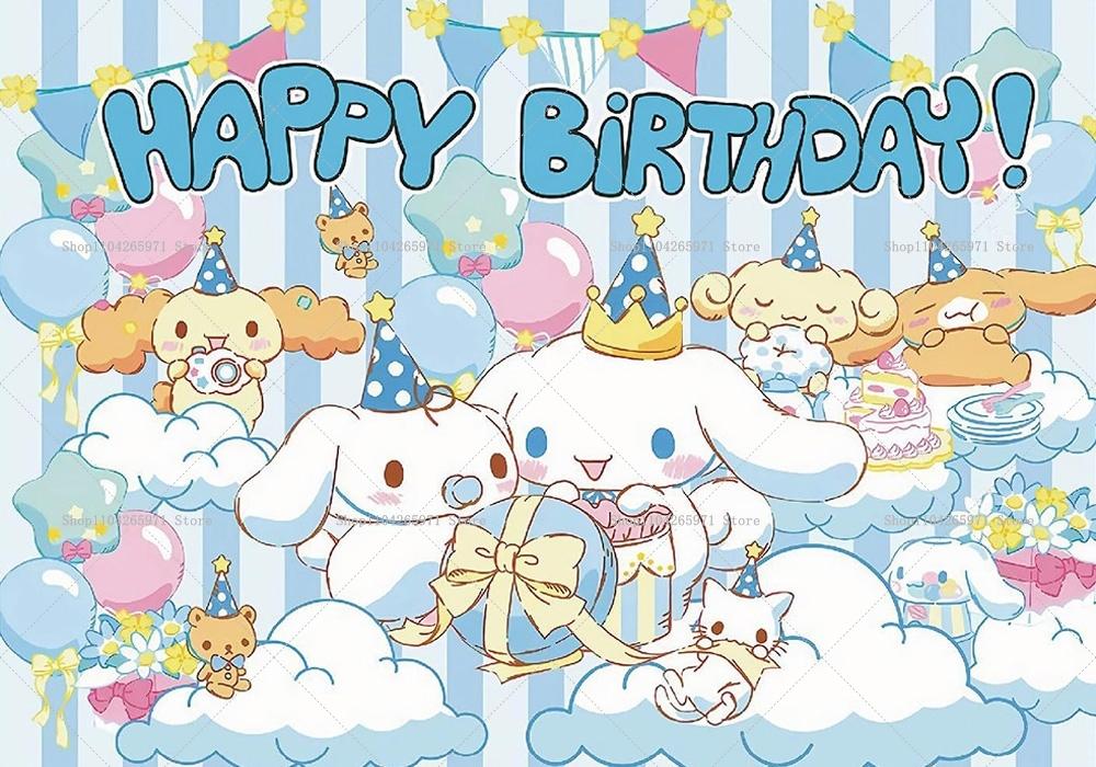 Sanrio Backdrops Banner Rainbow Balloons Cartoon Cinnamoroll Children's Happy Birthday Party Decor Photo Background Booth Props