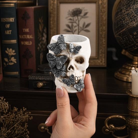 Gothic Butterfly Skull Pen Holder, Spooky Resin Skull Makeup Brush Holder, Multifunctional Halloween Tea Light Candle Holder for Desk, Shelf Decor
