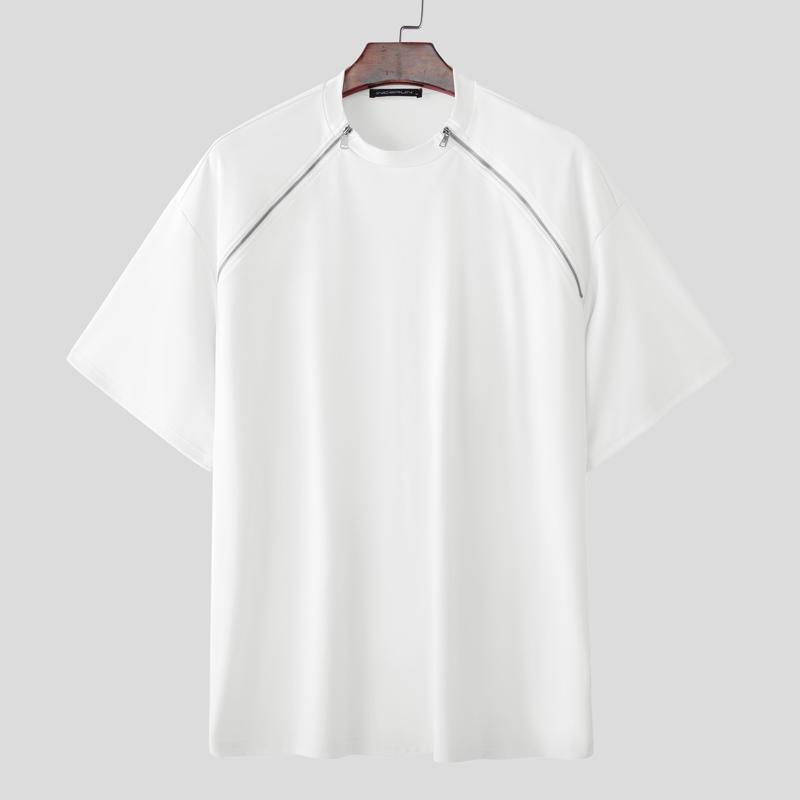 

INCERUN Летние мужские футболки оверсайз с коротким рукавом, повседневные, свободного кроя, с боковой молнией M белый