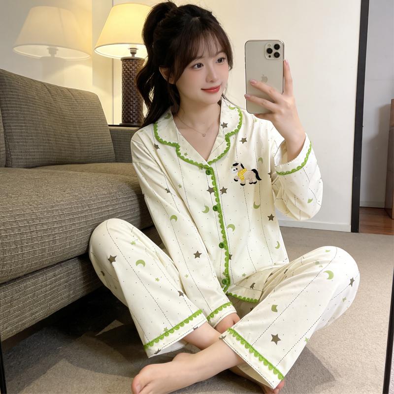 Cute Horse Print Kawaii Pajama Set for Women Spring Soft Fabric Comfort Plaid Loungewear 2 Piece Long Sleeve Top Pants Sleepwear