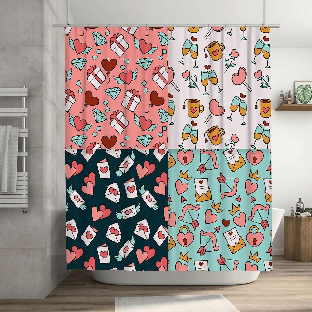 Romantiskt Hjärta Duschdraperi Set Alla Hjärtans Dag Dekor med Gåvor Cupcakes för Badrum Rosa Blå Grön Vit Svart Design Patt