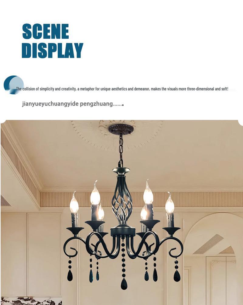 French Retro Black Wrought Iron Crystal Chandelier for Living Room, Dining Room, or Bedroom