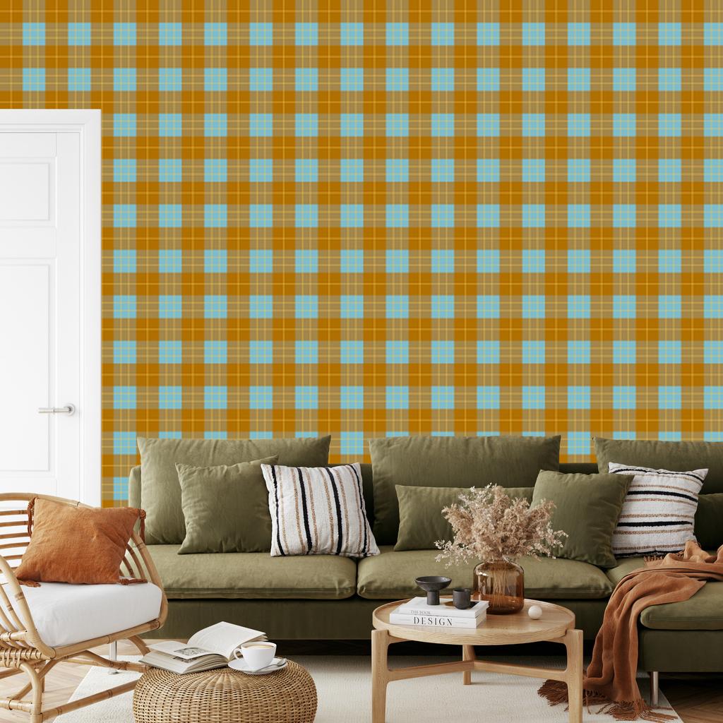 Yellow and blue checkered wallpaper, gold and turquoise, 50x1000