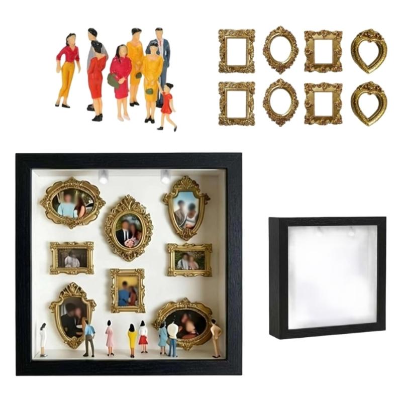 DIY Personalize Mini Museums Silhouettes Box Set with Gold Frame and Mini Figures Photo Display Shadows Box for Home Decors
